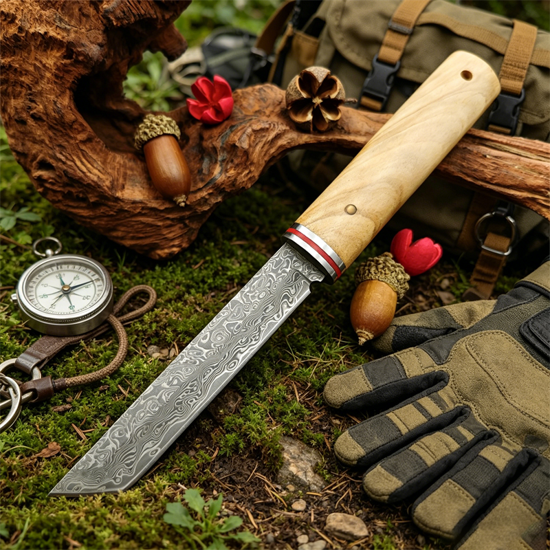 Edc Pocket Carry Fixed Blade - Portable Knife Damascus Blade Olive Wood
